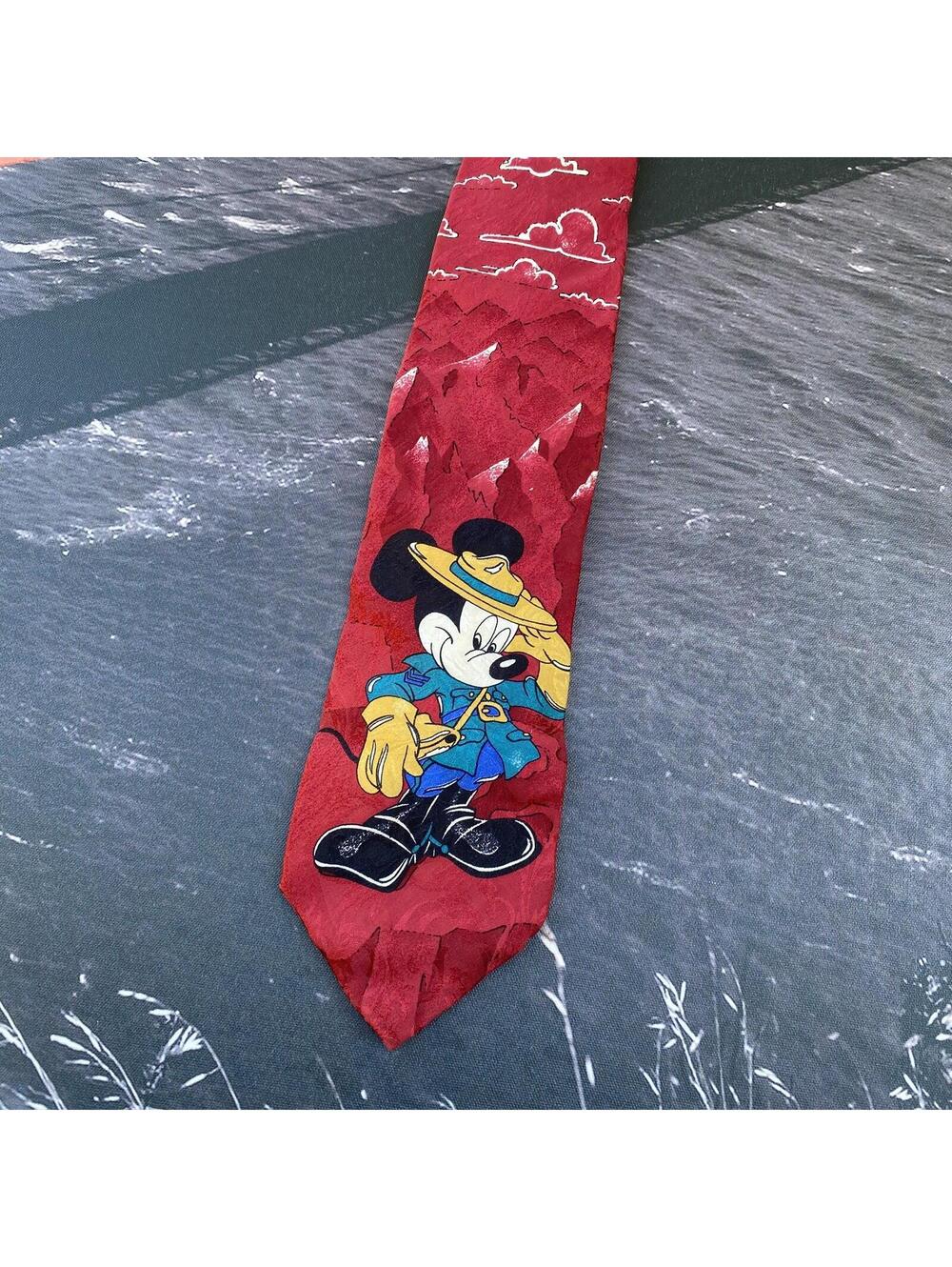 Vintage Disney NeckTie Leeds International Mickey Mouse Red Mountain Clouds Silk